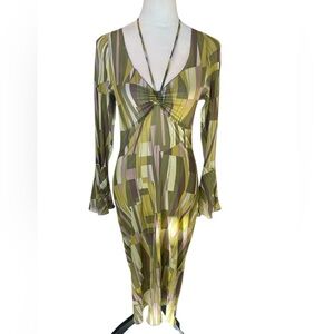 Trixxi- Green and Yellow and Green Geometric Print Midi Dress | Bell Sleeves